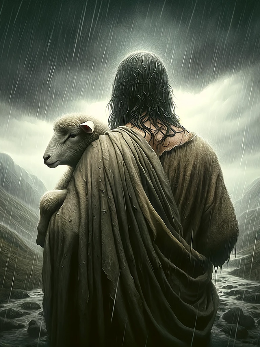 Jesus carrying a lamb through the storm